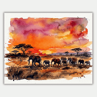 Water Colour Elephant Sunset