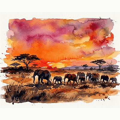 Water Colour Elephant Sunset